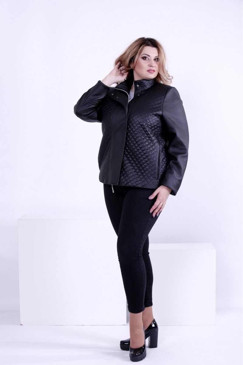 Черная стильная куртка со вставками из эко-кожи 00-133720 - Victorya-Shop.com