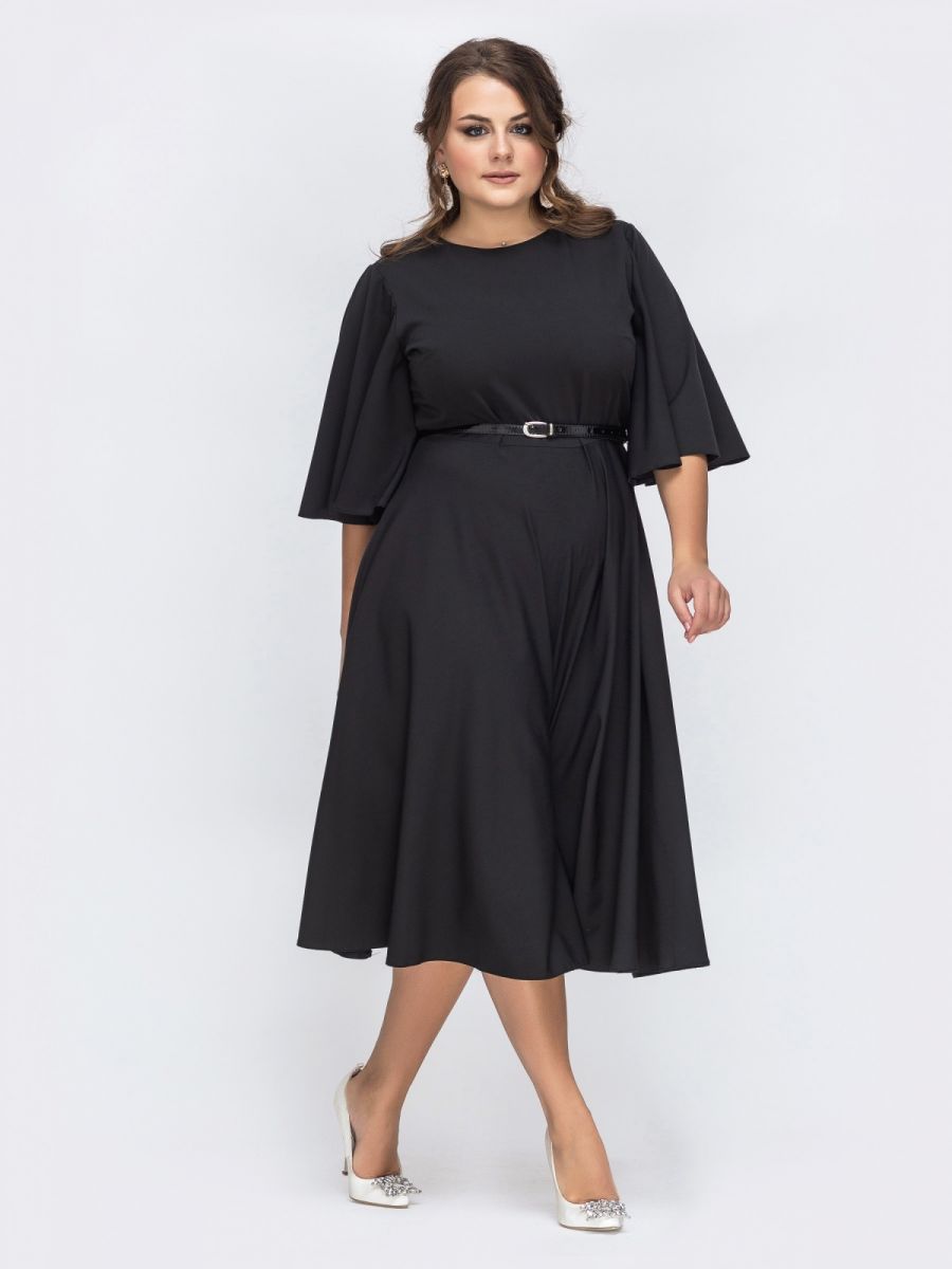 Чёрное платье батал с рукавом "колокол" 000-361 - Victorya-Shop.com