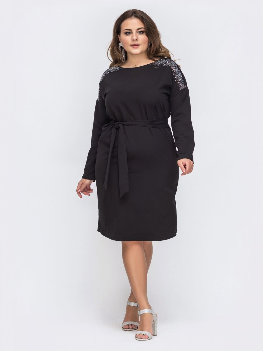 Чёрное платье большого размера со стразами  000-356 - Victorya-Shop.com