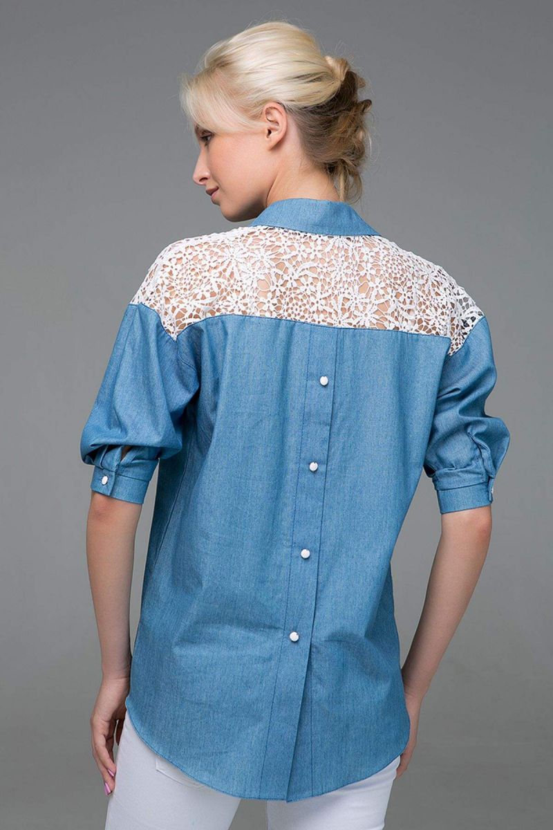 Джинсовая рубашка с кружевом LILU голубая 00-13383 - Victorya-Shop.com