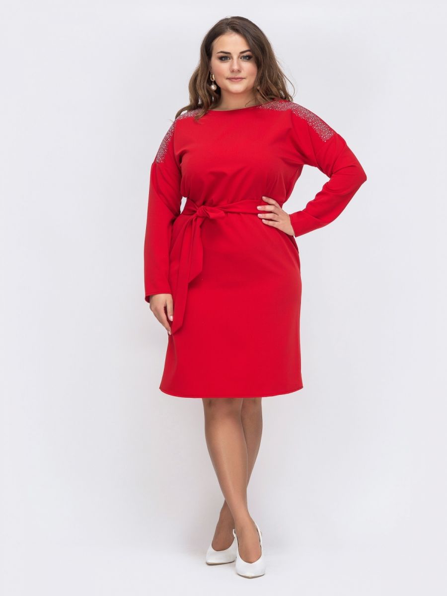 Красное платье большого размера со стразами  000-357 - Victorya-Shop.com