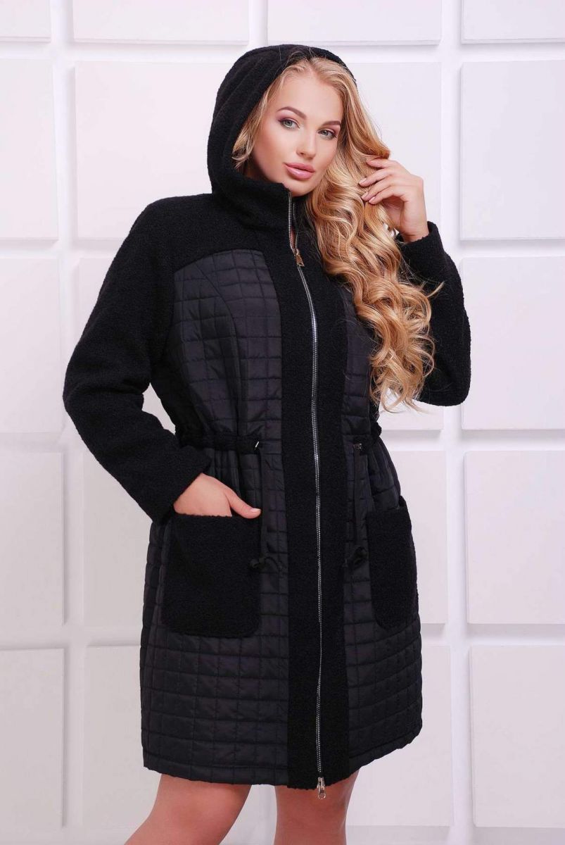 Легкое комбинированное пальто НОРА черное - Victorya-Shop.com