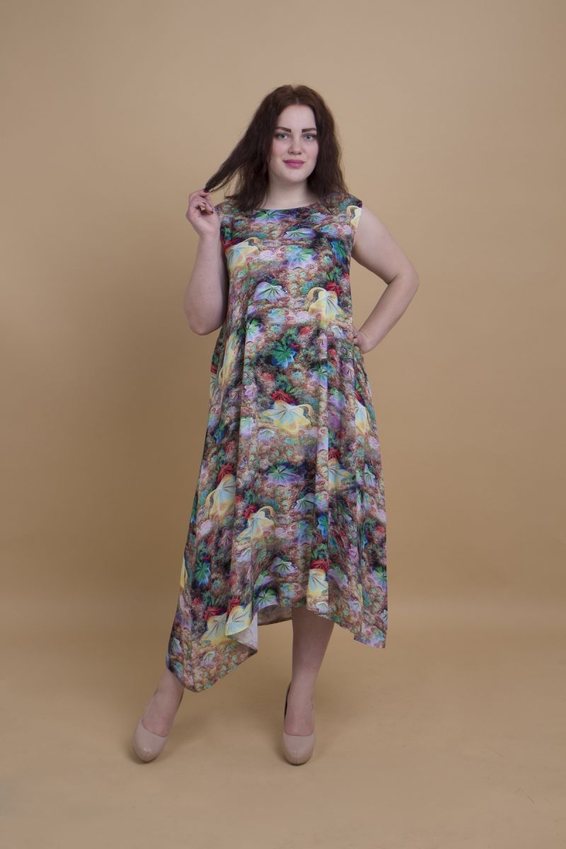 Летнее платье большого размера из натуральной ткани с асимметричным низом  доступно в цвете 000-444 - Victorya-Shop.com