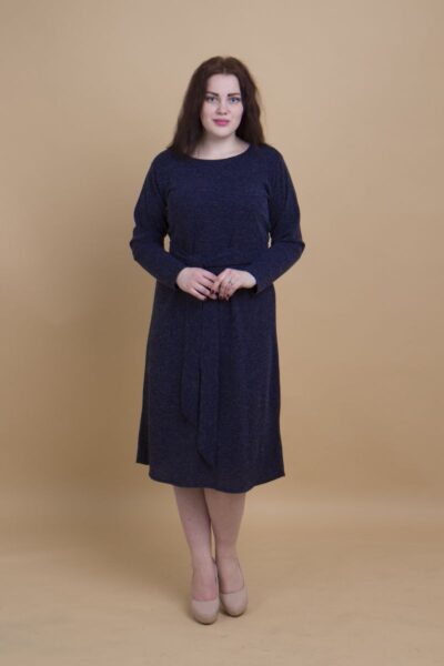 Платье из мягкого трикотажа с поясом синий 000-385 - Victorya-Shop.com