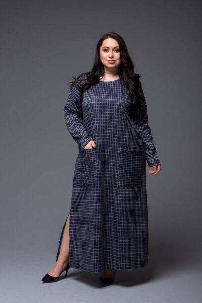 Платье в клетку большого размера синий 000-700 - Victorya-Shop.com