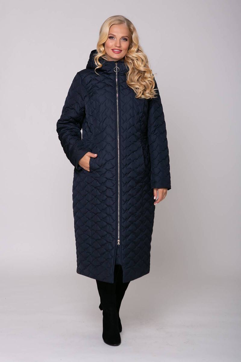 Стеганое пальто с капюшоном ЭЛИН темно-синее Демисезонное 00-133692 - Victorya-Shop.com