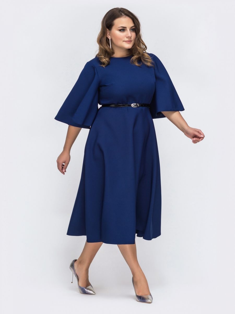 Тёмно-синее платье батал с рукавом "колокол" 000-362 - Victorya-Shop.com