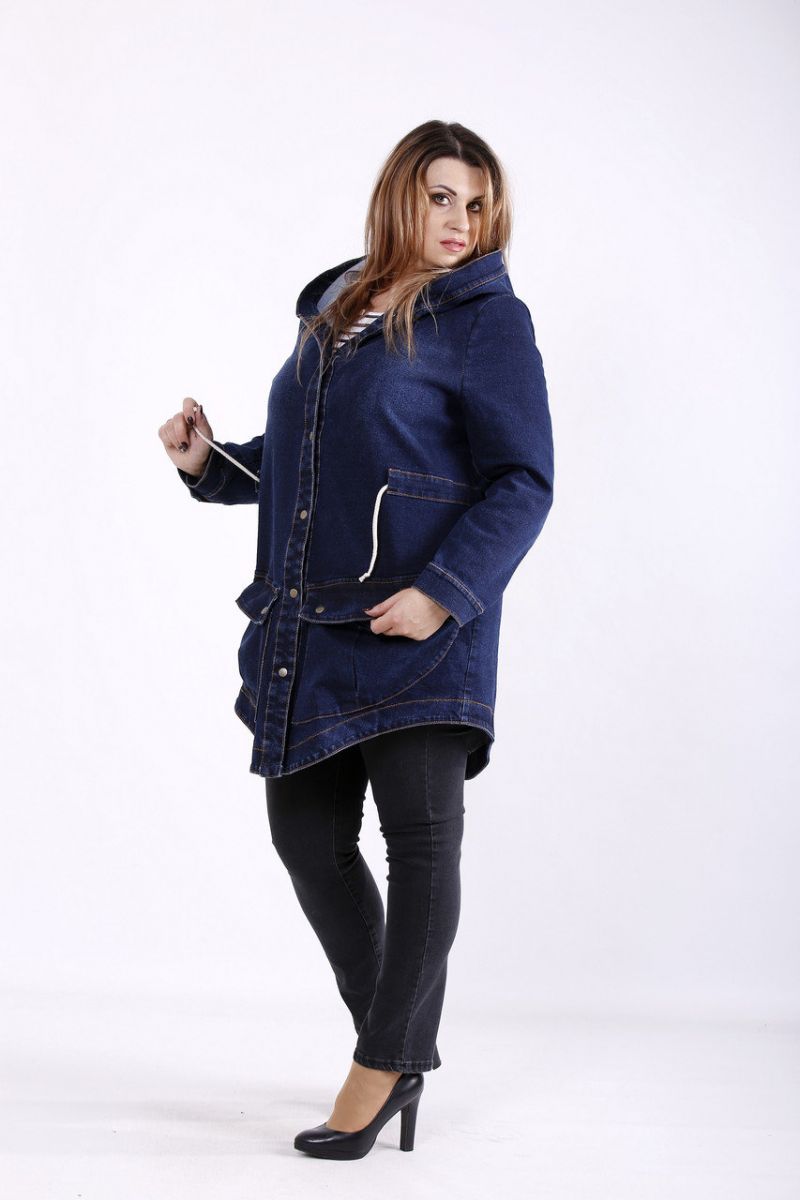 Темно-синяя длинная джинсовая куртка с капюшоном 00-133645 - Victorya-Shop.com
